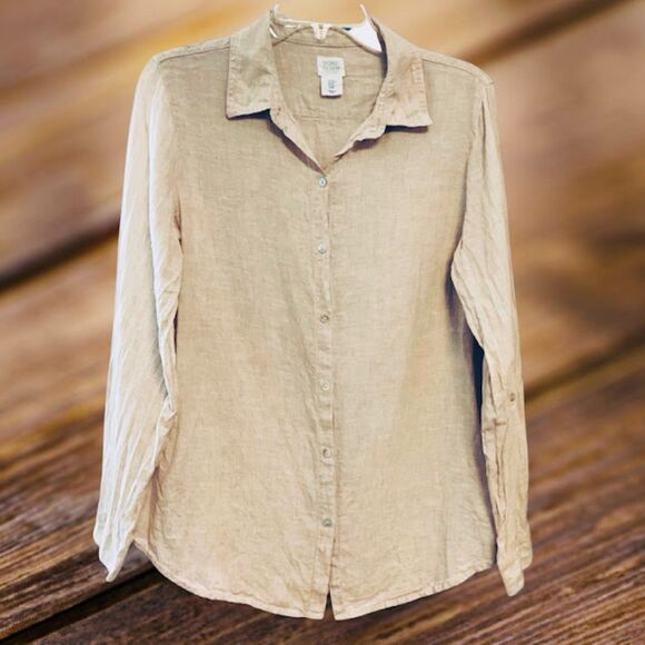 Sigrid Olsen Women's Linen Roll-tab Sleeve Button-up Shirt Top in Beige Medium - Picture 1 of 8